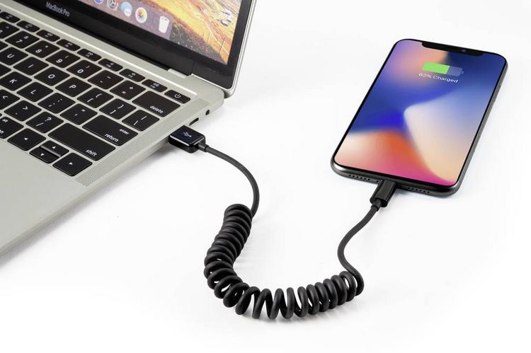 Produktbild: Renkforce USB-Kabel USB 2.0 USB-A Stecker, Apple Lightning Stecker 0.95 m Schwarz Spiralkabel RF4087422