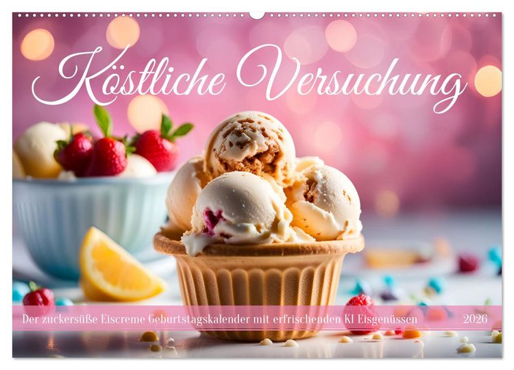 Produktbild: K&ouml;stliche Versuchung - Der zuckers&uuml;&szlig;e Eiscreme Geburtstagskalender mit erfrischenden KI Eisgen&uuml;ssen (Wandkalender 2026 DIN A2 quer), CALVENDO Monatskalender