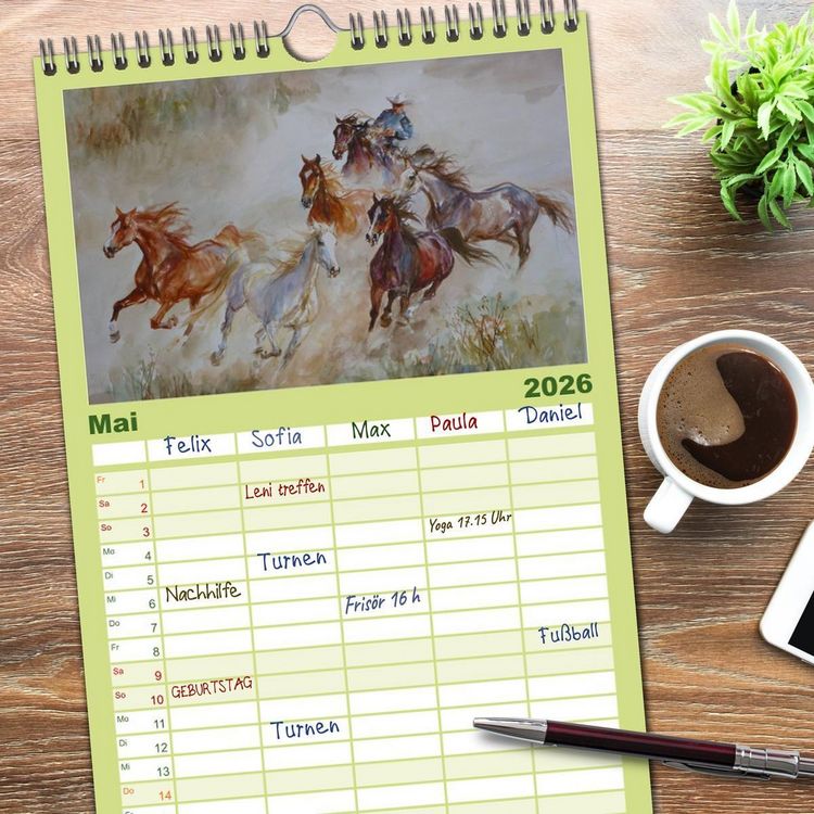 Produktbild: Familienplaner 2026 - Mit Pferden durch die Jahreszeiten - Pferdebilder in &Ouml;l und Aquarell mit 5 Spalten (Wandkalender, 21 x 45 cm) CALVENDO