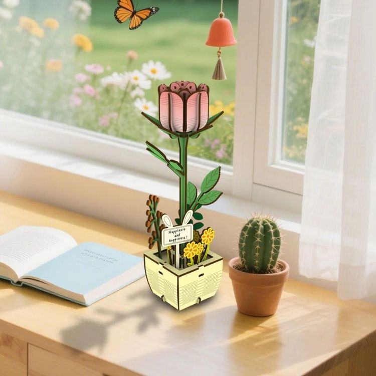 Produktbild: FiguredArt AL105 - Die Rose, 3D Puzzle, Holz, 66 Teile, H&ouml;he: 20 cm