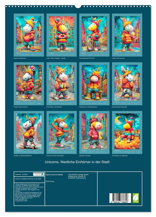 Produktbild: Unicorns. Niedliche Einh&ouml;rner in der Stadt (hochwertiger Premium Wandkalender 2026 DIN A2 hoch), Kunstdruck in Hochglanz