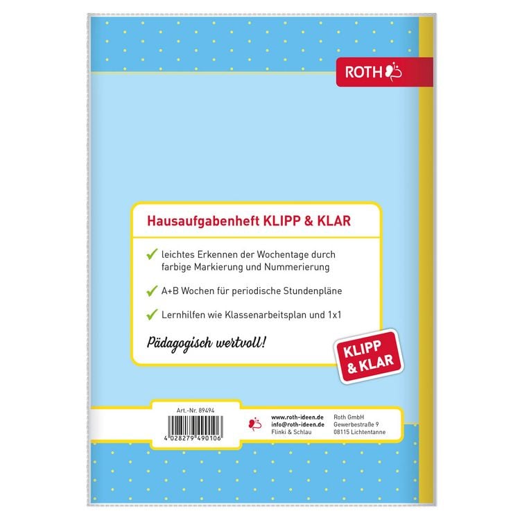 Produktbild: Klipp&Klar Grundschulaufgabenheft mit Tagesfarben A5 1 Wochen 2 Seiten Flinki & Schlau