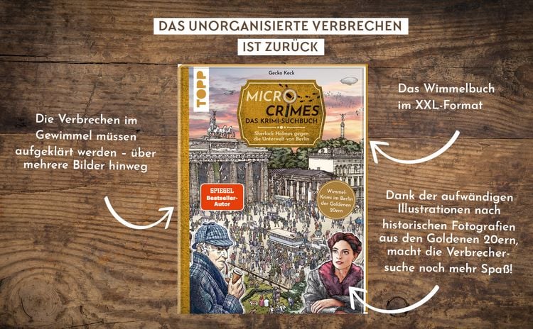 Produktbild: Micro Crimes. Das Krimi-Suchbuch. Sherlock Holmes gegen die Unterwelt Berlins. Finde die Ganoven im Gewimmel der Goldenen 20er