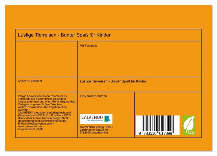 Produktbild: Lustige Tierreisen - Bunter Spa&szlig; f&uuml;r Kinder (Tischkalender 2026 DIN A5 quer), CALVENDO Monatskalender