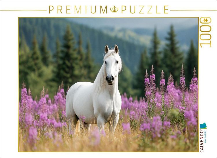 Produktbild: CALVENDO Puzzle Majest&auml;tischer Lipizzaner auf Blumenwiese | 1000 Teile Lege-Gr&ouml;&szlig;e 64x48cm Foto-Puzzle f&uuml;r gl&uuml;ckliche Stunden