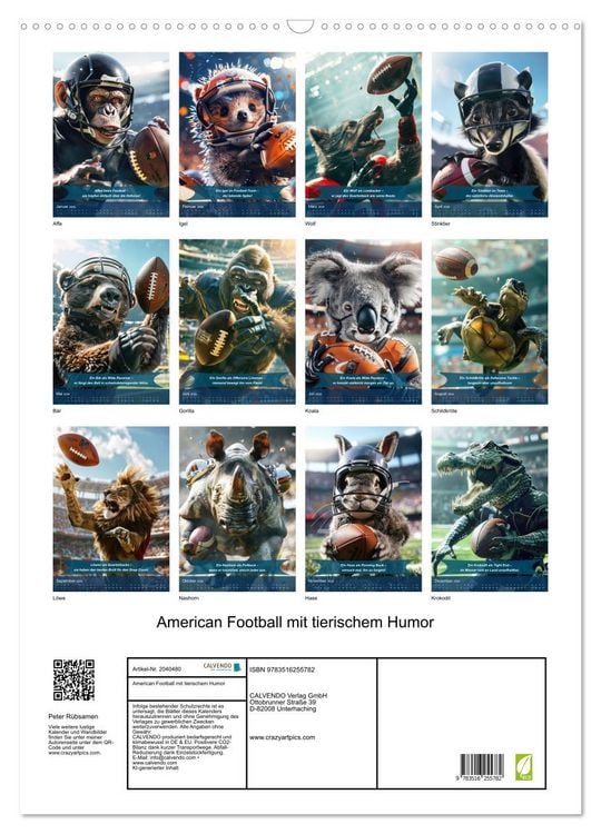 Produktbild: American Football mit tierischem Humor (Wandkalender 2026 DIN A2 hoch), CALVENDO Monatskalender