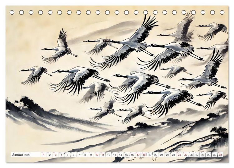 Produktbild: Eleganz der Kraniche - Majest&auml;tische V&ouml;gel in poetischer Tusche (Tischkalender 2026 DIN A5 quer), CALVENDO Monatskalender