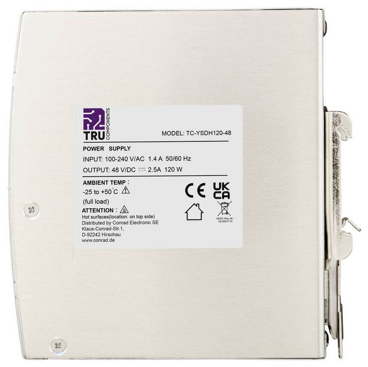 Produktbild: TRU COMPONENTS TC-13864568 Hutschienen-Netzteil (DIN-Rail) 48 V/DC 2.5 A 120 W Anzahl Ausg&auml;nge:1 x Inhalt 1 St.