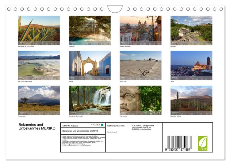Produktbild: Bekanntes und Unbekanntes MEXIKO (Wandkalender 2026 DIN A4 quer), CALVENDO Monatskalender