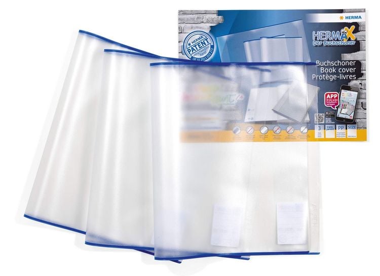 Produktbild: Herma HERM&Auml;X 7265 - Buchumschlag Classic, Gr&ouml;&szlig;e 265 x 540 mm, Kunststoff transparent, blauer Rand, 1 Buchschoner f&uuml;r Schulb&uuml;cher