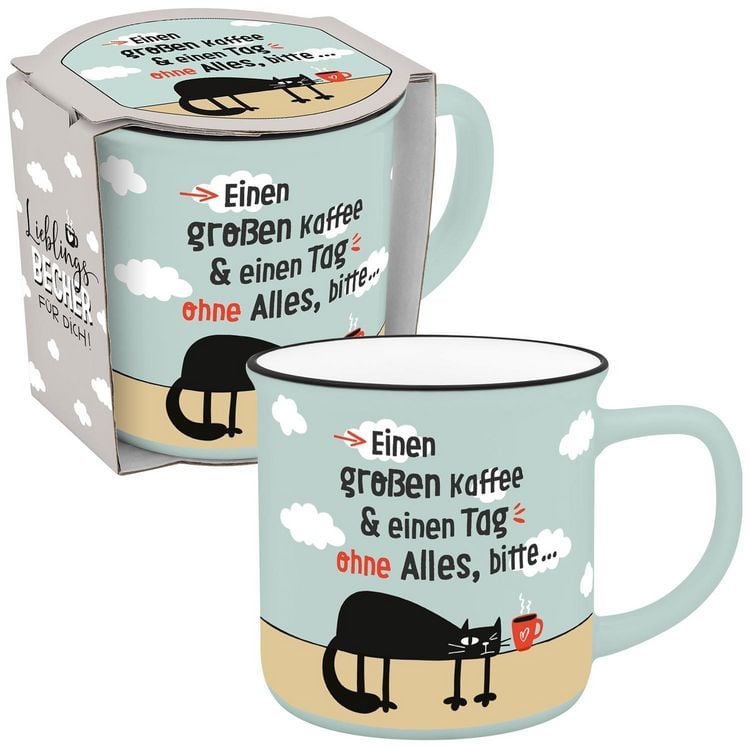 Produktbild: Becher in Emailloptik "Einen gro&szlig;en Kaffee & einen Tag ohne Alles, bitte..."