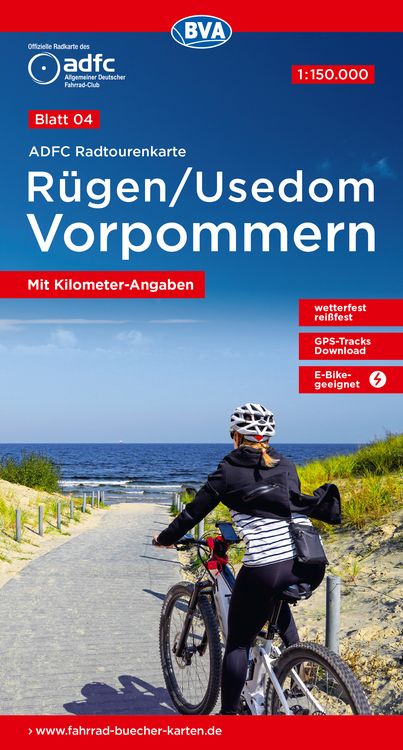 Produktbild: ADFC-Radtourenkarte 4 Rügen/Usedom Vorpommern 1:150.000, reiß- und wetterfest, E-Bike geeignet, GPS-Tracks Download, mit Kilometer-Angaben