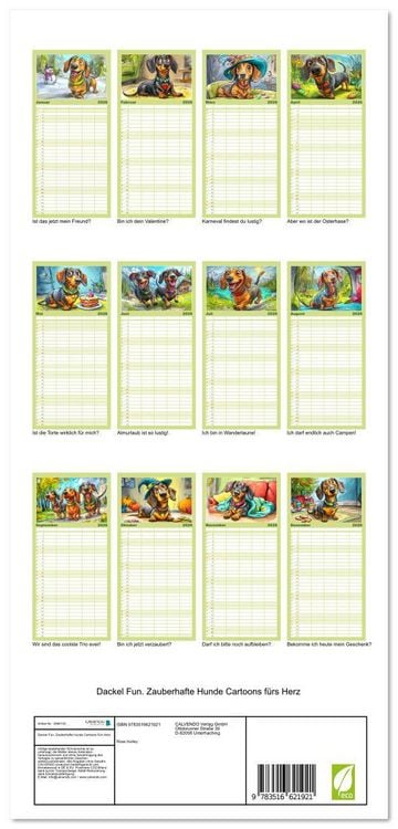 Produktbild: Familienplaner 2026 - Dackel Fun. Zauberhafte Hunde Cartoons f&uuml;rs Herz mit 5 Spalten (Wandkalender, 21 x 45 cm) CALVENDO