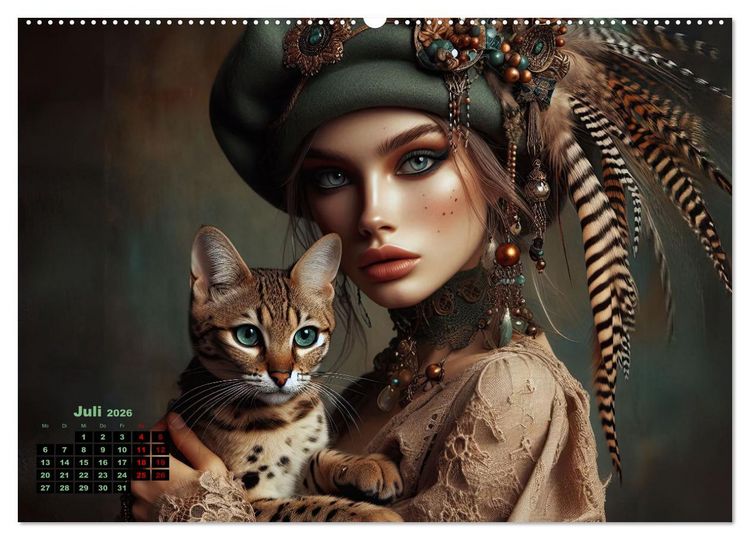 Produktbild: Luxuri&ouml;ser Bohemian Flair - Elegante Frauen mit anmutigen Katzen (hochwertiger Premium Wandkalender 2026 DIN A2 quer), Kunstdruck in Hochglanz