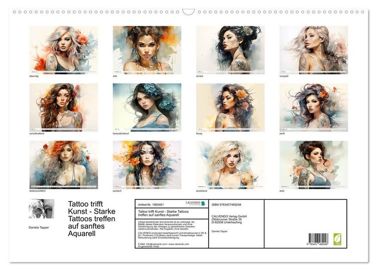 Produktbild: Tattoo trifft Kunst - Starke Tattoos treffen auf sanftes Aquarell (Wandkalender 2026 DIN A2 quer), CALVENDO Monatskalender