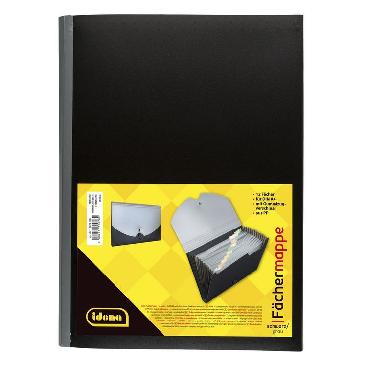 Produktbild: Idena F&auml;chermappe PP 12 F&auml;cher schwarz/grau DIN A4