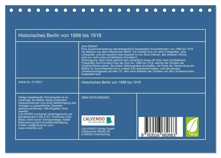 Produktbild: Historisches Berlin von 1888 bis 1918 (Tischkalender 2026 DIN A5 quer), CALVENDO Monatskalender