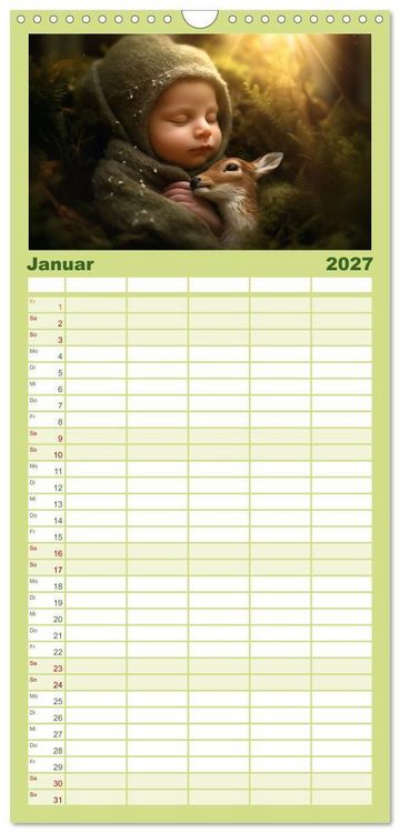 Produktbild: Familienplaner 2027 - Kleine Schlummerparade: Babys und ihre kuscheligen Tierfreunde mit 5 Spalten (Wandkalender, 21 x 45 cm) CALVENDO