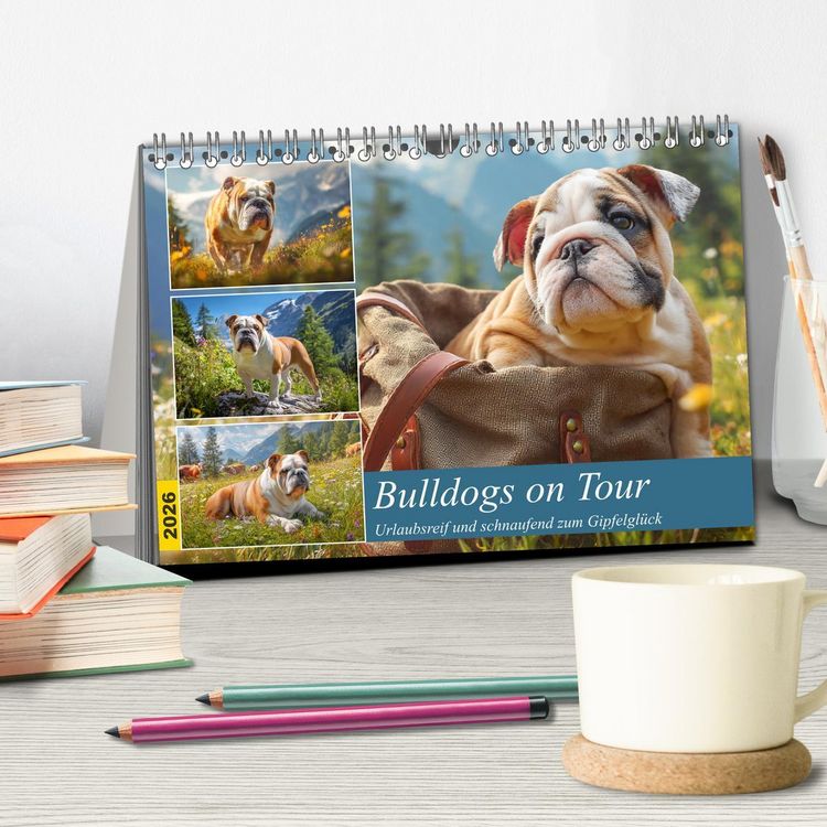 Produktbild: Bulldogs on Tour. Urlaubsreif und schnaufend zum Gipfelgl&uuml;ck (Tischkalender 2026 DIN A5 quer), CALVENDO Monatskalender