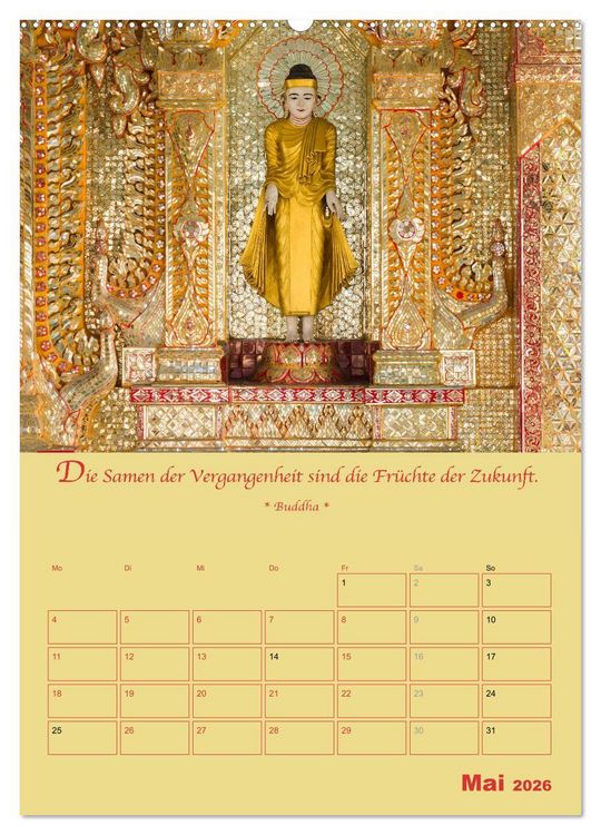 Produktbild: BUDDHA IN GOLD - Mit buddhistischen Spr&uuml;chen (Wandkalender 2026 DIN A2 hoch), CALVENDO Monatskalender