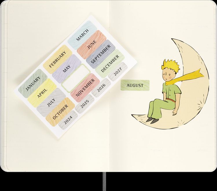 Produktbild: Moleskine der kleine Prinz Sammlerbox, liniertes Notizbuch L/A5 schwarz, undatierter 12-Monats-Notizkalender L/A5 fester Einband grau