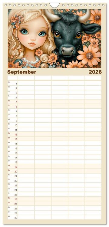 Produktbild: Familienplaner 2026 - Vertr&auml;umte M&auml;dchen. Tiere, Blumen, Liebe. mit 5 Spalten (Wandkalender, 21 x 45 cm) CALVENDO