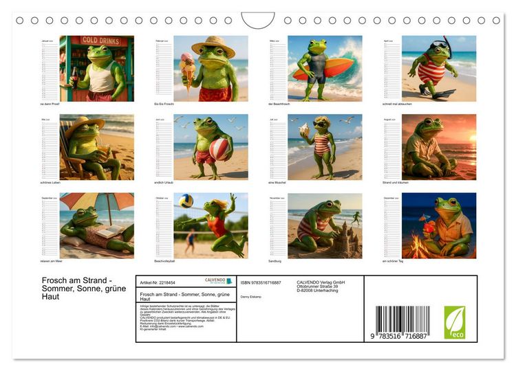 Produktbild: Frosch am Strand - Sommer, Sonne, gr&uuml;ne Haut (Wandkalender 2026 DIN A4 quer), CALVENDO Monatskalender