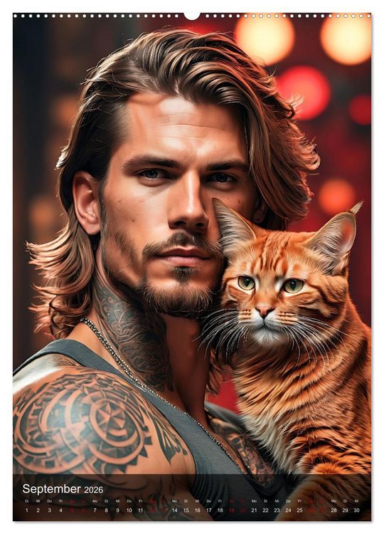 Produktbild: Verschmuste Kerle - Muskeln, Tattoos und Miezekatzen (hochwertiger Premium Wandkalender 2026 DIN A2 hoch), Kunstdruck in Hochglanz