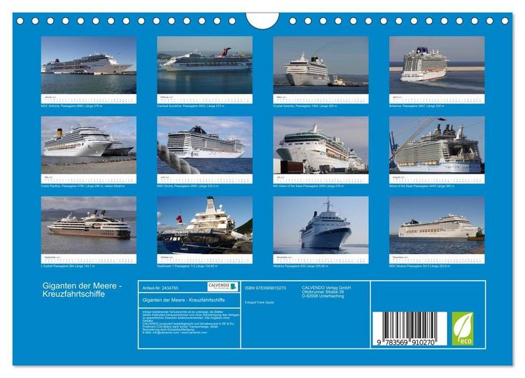 Produktbild: Giganten der Meere - Kreuzfahrtschiffe (Wandkalender 2027 DIN A4 quer), CALVENDO Monatskalender