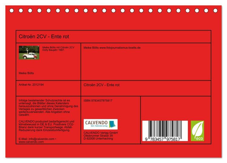 Produktbild: Citro&euml;n 2CV - Ente rot (Tischkalender 2026 DIN A5 quer), CALVENDO Monatskalender