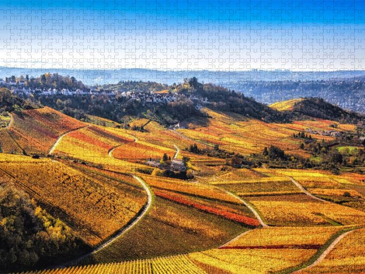 Produktbild: CALVENDO Puzzle Herbstliches Panorama &uuml;ber die sanft eingebetteten Weinreben in Stuttgart Rotenberg | 1000 Teile Lege-Gr&ouml;&szlig;e 64x48cm Foto-Puzzle f&uuml;r gl&uuml;ckliche Stunden