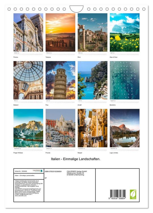 Produktbild: Italien - Einmalige Landschaften. (Wandkalender 2026 DIN A4 hoch), CALVENDO Monatskalender