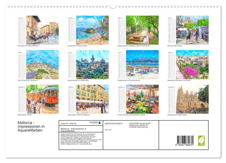 Produktbild: Mallorca - Impressionen in Aquarellfarben (hochwertiger Premium Wandkalender 2026 DIN A2 quer), Kunstdruck in Hochglanz