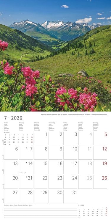 Produktbild: Alpha Edition - Alpen 2026 Broschürenkalender, 30x30cm, Wandkalender mit Platz für Notizen und Termine, Aufnahmen der Alpen, Monatsübersicht und Ferie