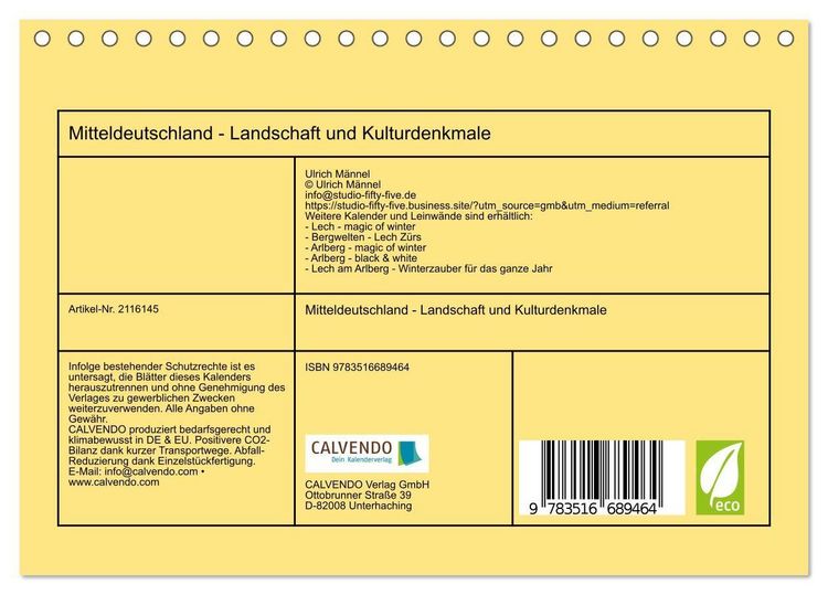 Produktbild: Mitteldeutschland - Landschaft und Kulturdenkmale (Tischkalender 2026 DIN A5 quer), CALVENDO Monatskalender