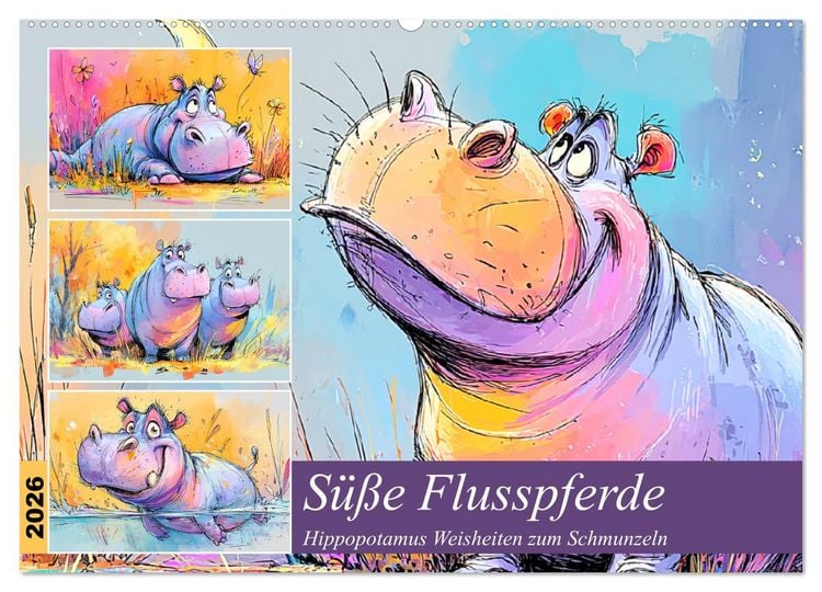 Produktbild: S&uuml;&szlig;e Flusspferde. Hippopotamus Weisheiten zum Schmunzeln (Wandkalender 2026 DIN A2 quer), CALVENDO Monatskalender