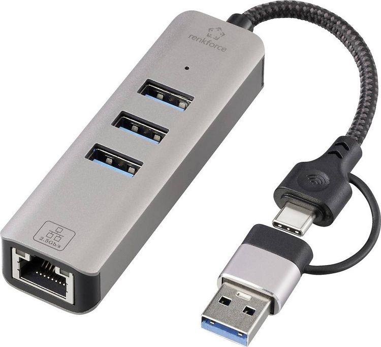 Produktbild: Renkforce RF-6856046 USB-Hub 3 Port USB-A, RJ45 USB 3.2 Gen1 5 GBit/s mit eingebautem Netzwerk-Anschluss Grau RF-EAWH-300