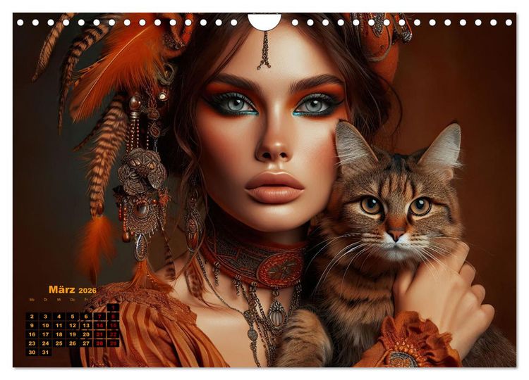 Produktbild: Luxuri&ouml;ser Bohemian Flair - Elegante Frauen mit anmutigen Katzen (Wandkalender 2026 DIN A4 quer), CALVENDO Monatskalender