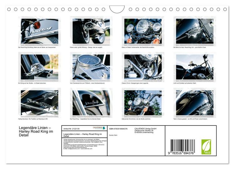 Produktbild: Legend&auml;re Linien &ndash; Harley Road King im Detail (Wandkalender 2026 DIN A4 quer), CALVENDO Monatskalender