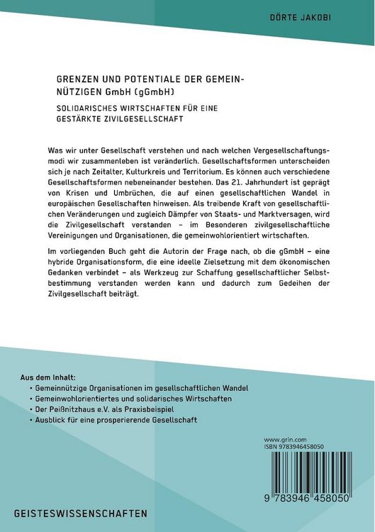 Produktbild: Grenzen und Potenziale der gemeinn&uuml;tzigen GmbH (gGmbH). Gemeinwohlorientiertes und solidarisches Wirtschaften f&uuml;r eine gest&auml;rkte Zivilgesellschaft
