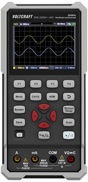 Produktbild: VOLTCRAFT DSO-2202H + AFG Hand-Oszilloskop 200 MHz 2-Kanal 1 GSa/s 8 kpts 8 Bit Handger&auml;t 1 St.