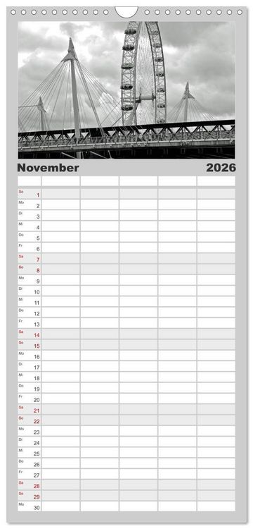 Produktbild: Familienplaner 2026 - London in Schwarz-Wei&szlig; mit 5 Spalten (Wandkalender, 21 x 45 cm) CALVENDO