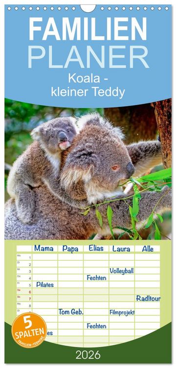 Produktbild: Familienplaner 2026 - Koala - kleiner Teddy mit 5 Spalten (Wandkalender, 21 x 45 cm) CALVENDO