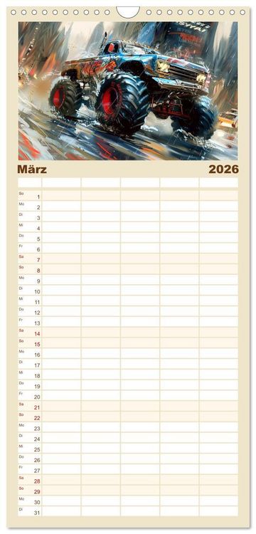 Produktbild: Familienplaner 2026 - Wilde Monstertrucks mit 5 Spalten (Wandkalender, 21 x 45 cm) CALVENDO