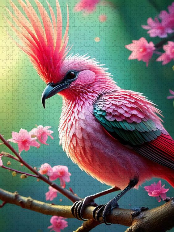 Produktbild: CALVENDO Puzzle Ein bunter Paradiesvogel mit pinkfarbenen Federkamm inmitten zarten pinkfarbenen Blumen | 2000 Teile Lege-Gr&ouml;&szlig;e 90x67cm Foto-Puzzle f&uuml;