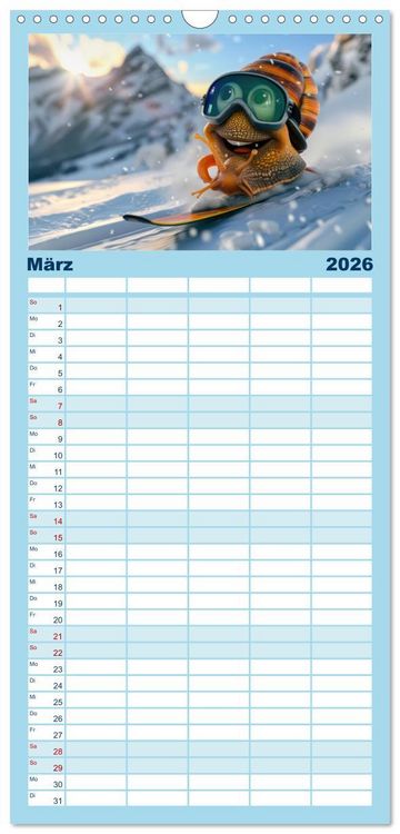 Produktbild: Familienplaner 2026 - Tierisch lustige Skifahrer mit 5 Spalten (Wandkalender, 21 x 45 cm) CALVENDO