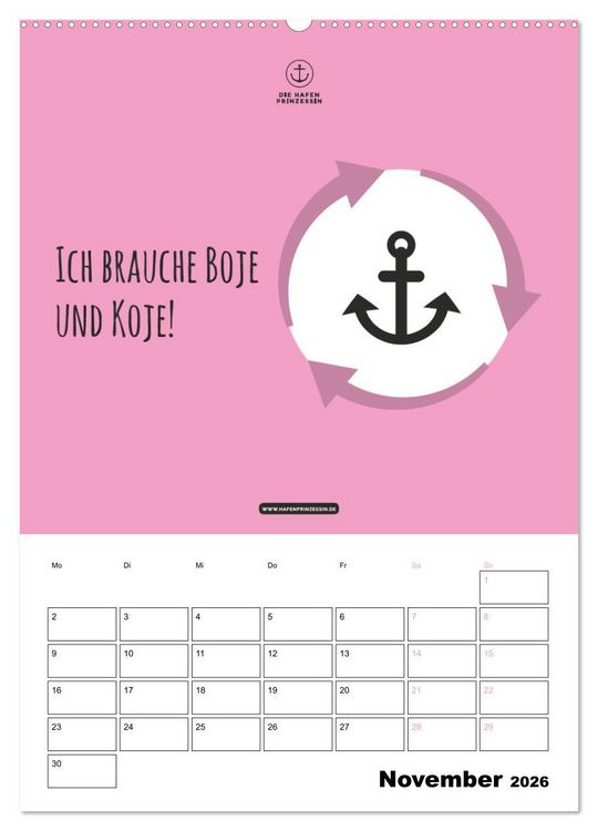 Produktbild: hafenprinzessin: Ankertr&auml;ume & Meer - Der moderne Zitate-Wandkalender f&uuml;r maritime Lebensmomente! (Wandkalender 2026 DIN A2 hoch), CALVENDO Monatskalender
