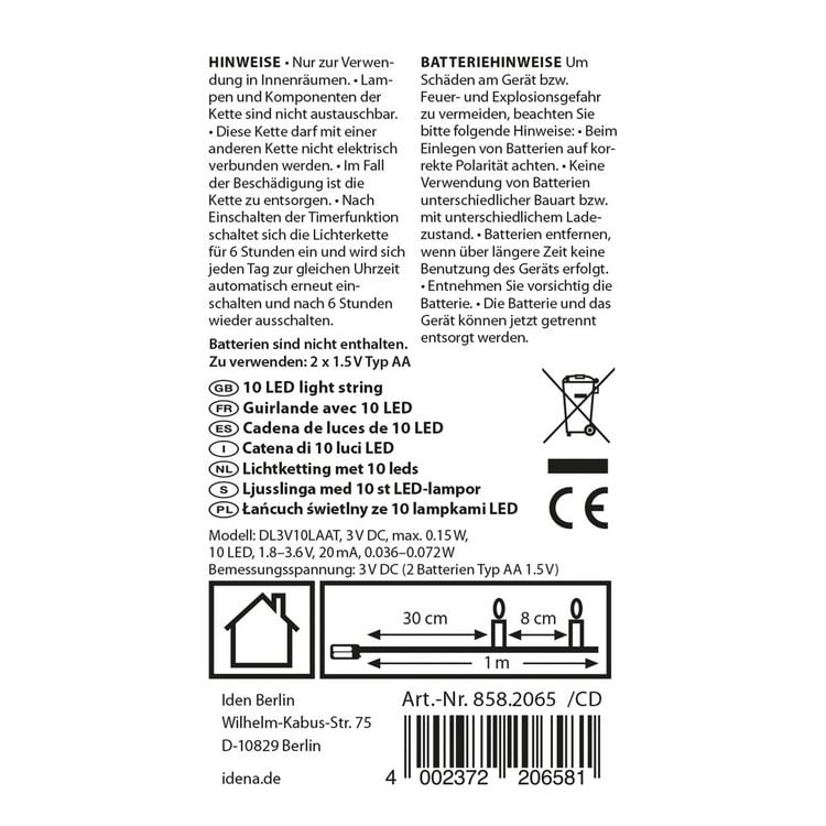 Produktbild: Idena Lichterkette 10 LED warmwei&szlig; 6h Timer 1m