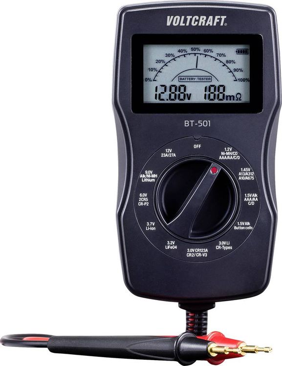 Produktbild: VOLTCRAFT Batterietester BT-501 Messbereich (Batterietester) 1,2 V, 1,5 V, 3 V, 6 V, 3,7 V, 9 V, 12 V Batterie, Akku BT-501