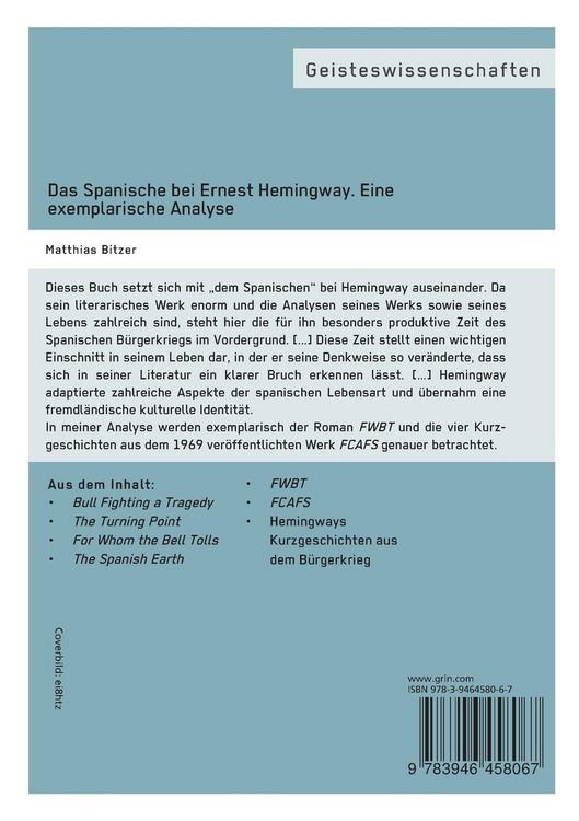 Produktbild: Das Spanische bei Ernest Hemingway. Eine exemplarische Analyse